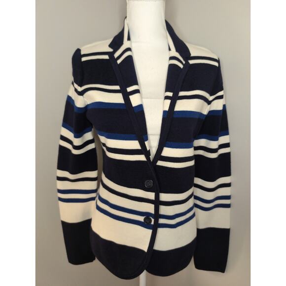 Ann Taylor M blue striped button sweater cardigan vest - Picture 1 of 7